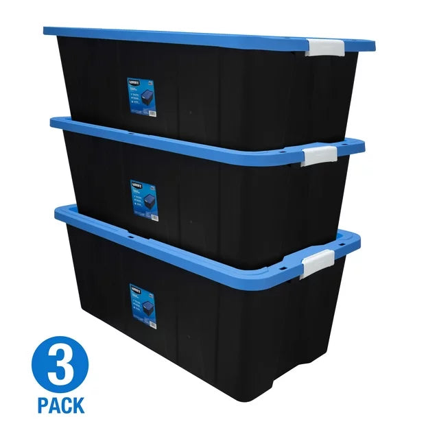 40 Gal Latching Black Plastic Storage Tote Box - 3-Pack